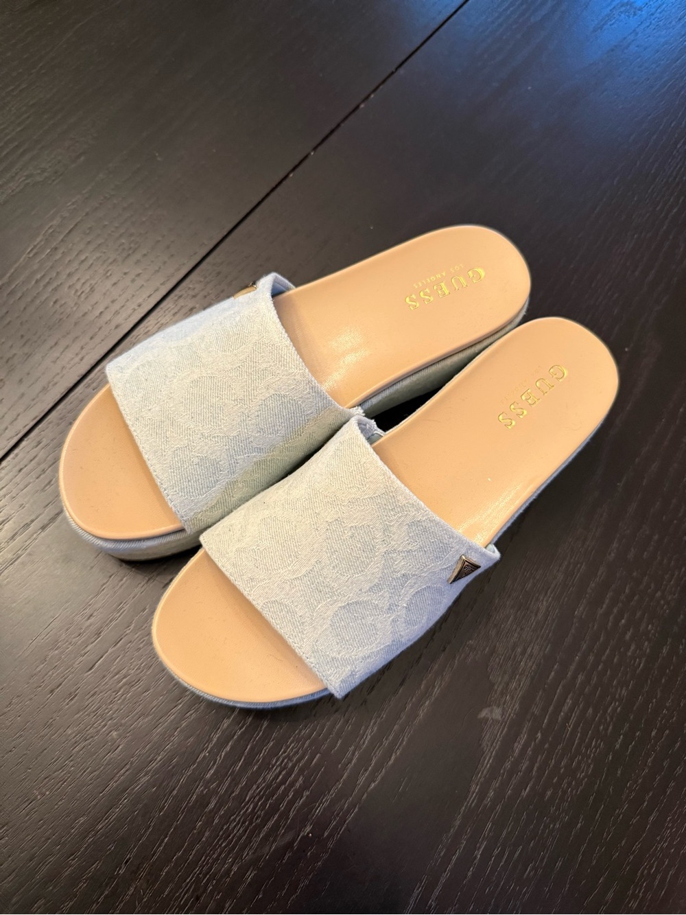 GUESS Light Blue Fabric platform Slide Sandals with Gold Accent